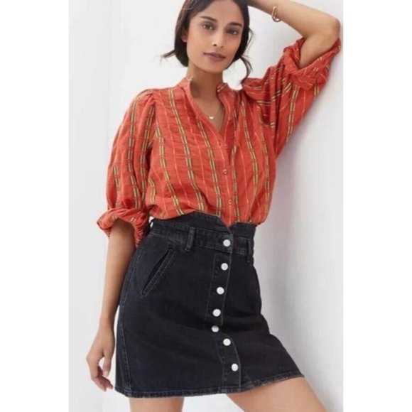 Anthropologie Pilcro Skirt Black Denim Button Front Paperbag Waist - Picture 2 of 14